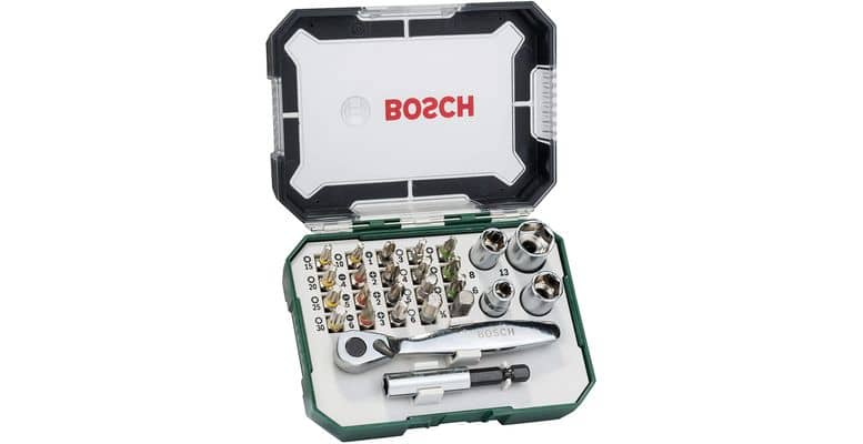 Coffret Bosch avec 26 pièces de vissage et clé à cliquet